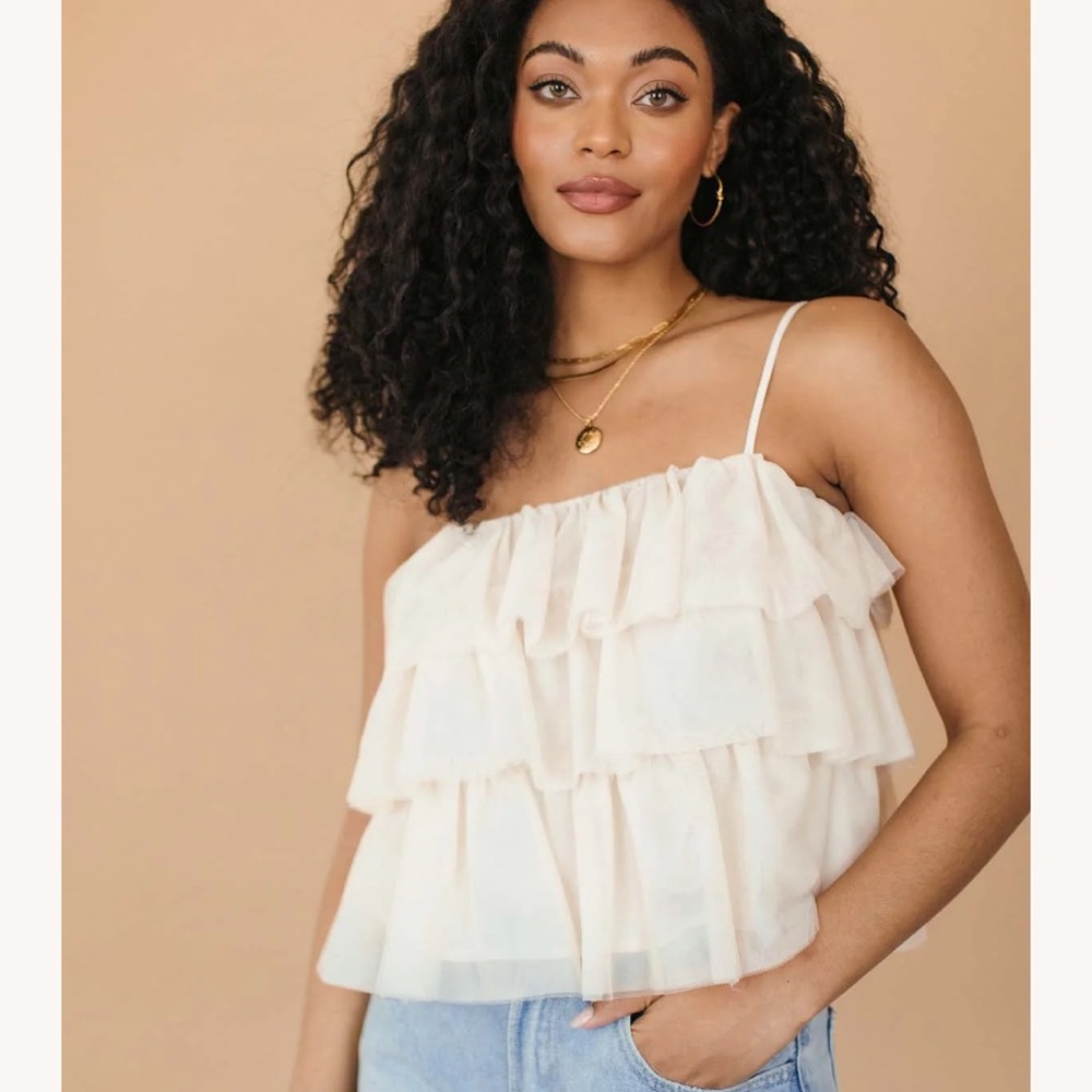 Phoebe Tulle Ruffle Tank in Cream